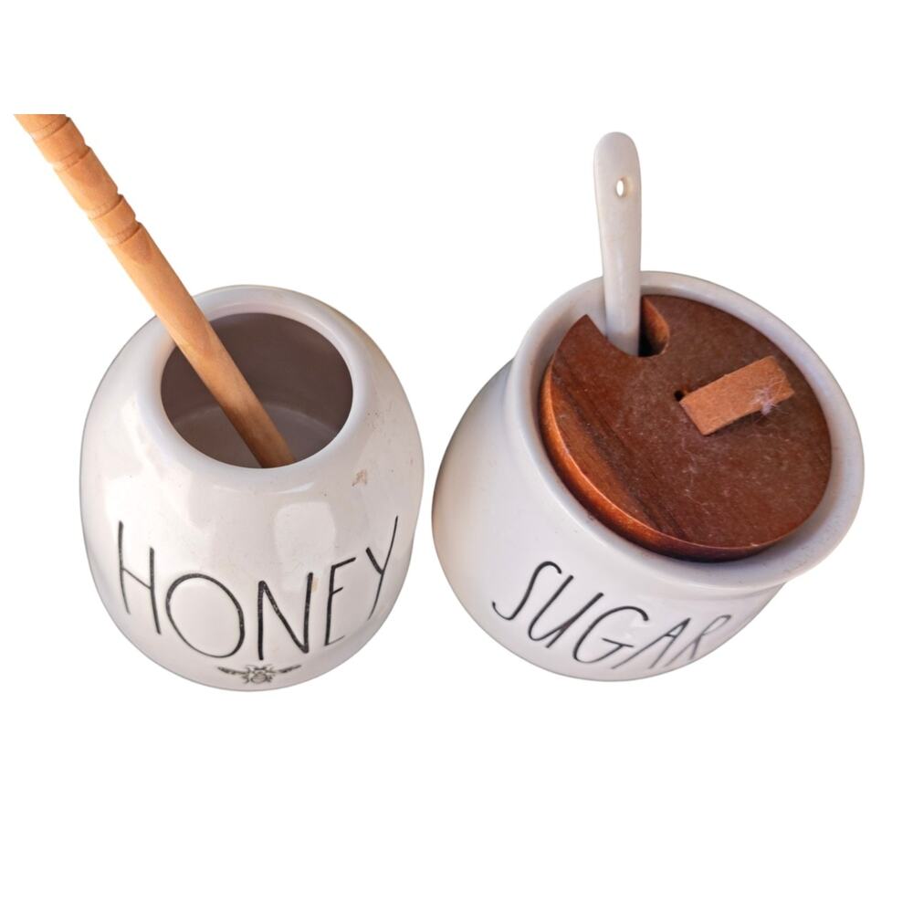 Rae Dunn Honey Pot Sugar Bowl Set Ceramic Wooden Lids Dipper Spoon Farmhouse LL - Picture 4 of 5